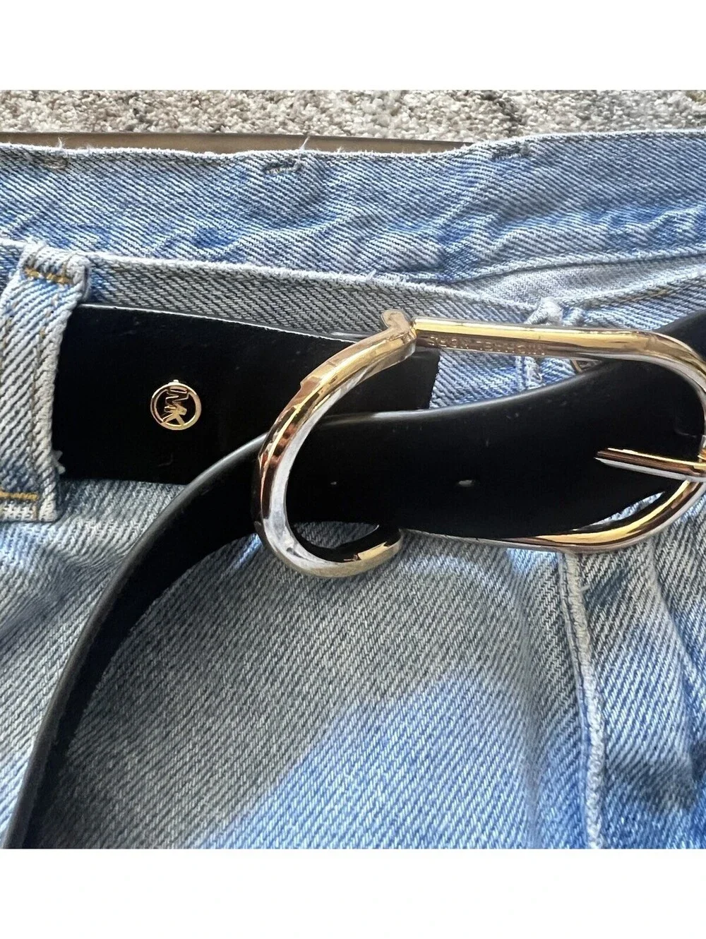 Michael Kors Black Suede Genuine Leather Belt Gold Oval Buckle Stud Logo | XL